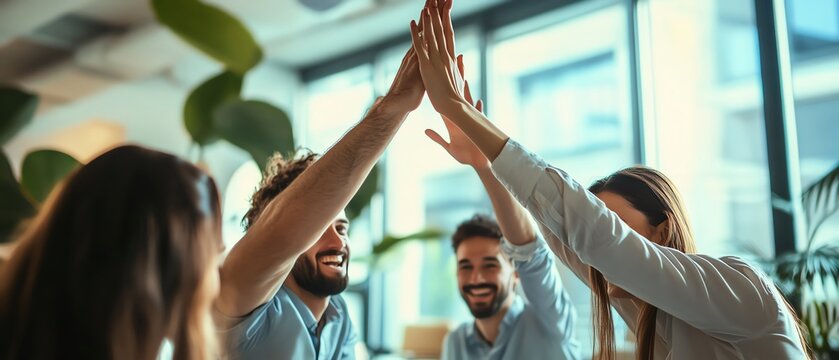 Team celebration with high fives in office.