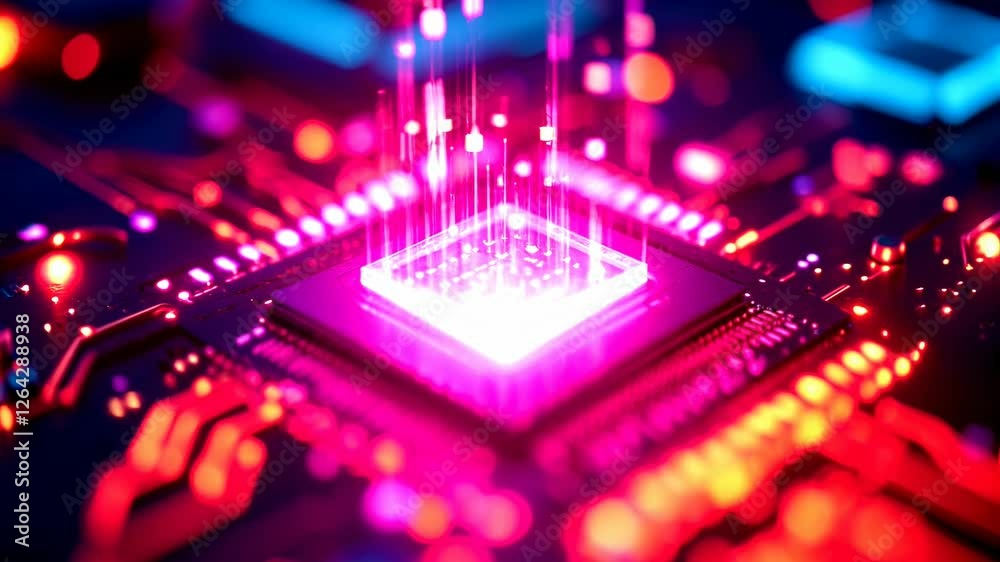 Fototapete Dynamic glow and energy flow in microchip technology: futuristic circuitboard animation