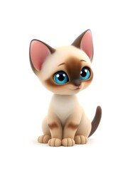 Obraz premium Adorable 3D Rendered Siamese Kitten Sitting Posing Against White Background Sweet Cartoon Cat