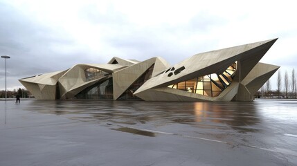 Fototapeta premium Modern architectural marvel featuring angular design, reflective surfaces, and cloudy sky backdrop