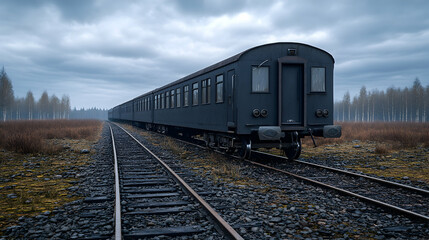 Obraz premium Old train carriage on tracks through field, overcast sky; travel, history images generative AI