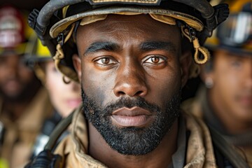 Close-up of African American firefighter in helmet with serious gaze, standing confidently with fellow firefighters blurred in background. Depicts strength, unity, and commitment to firefighting team.