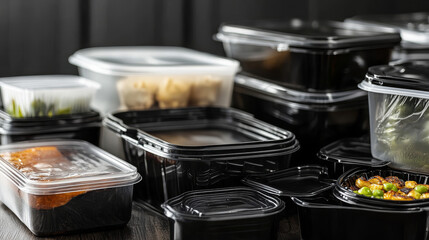 Black plastic trays for food, empty styrofoam containers with transparent film wrapper. Vector realistic mockup of 3d polystyrene package for lunch, meal and fresh products