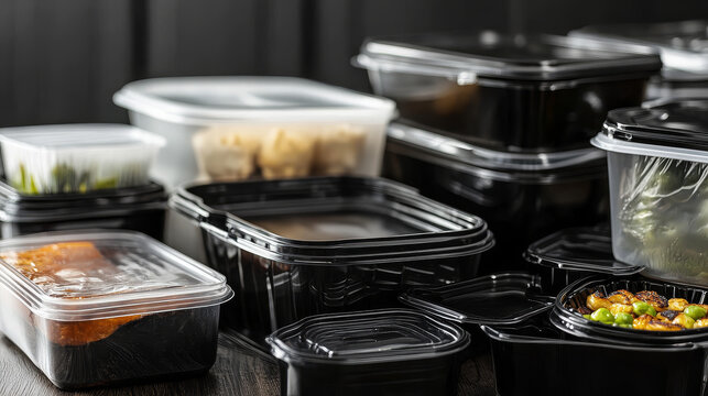 Black plastic trays for food, empty styrofoam containers with transparent film wrapper. Vector realistic mockup of 3d polystyrene package for lunch, meal and fresh products