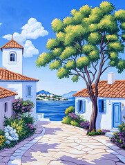 Fototapeta premium Coastal town view white houses line path to blue sea with tree and sky above generative AI