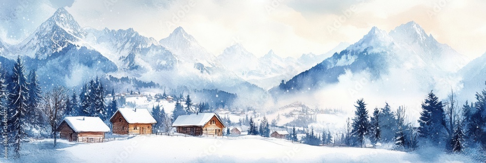 Poster winter landscape with snow covered mountains and rustic cabins in a serene setting at sunrise. gener