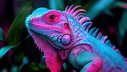 Obraz premium Vibrant Green Iguana Portrait: A Neon Dream