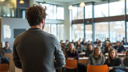 Lecturer Addressing Attentive Audience in Bright Seminar Hall