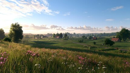 Serene Summer Village Landscape with Blooming Meadow