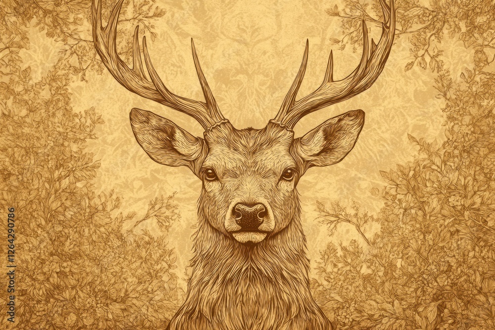 Aufkleber intricate engraved deer portrait with intricately detailed line work and sepia tones, including spac