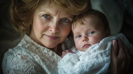 Grandmother cuddling newborn, studio portrait, soft light, family love, keepsake