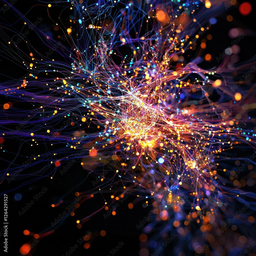 Poster flowing luminous connections simulating an artificial neural system, deep knowledge expansion.