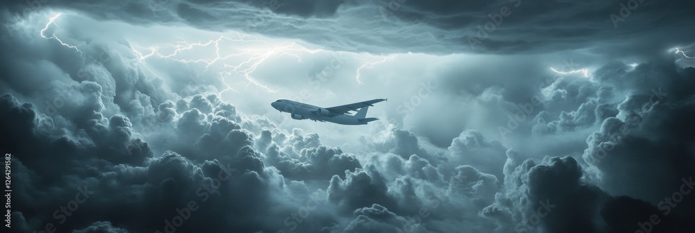 Poster Airplane navigating through dark storm clouds with lightning and turbulent weather conditions in the sky. Generative AI