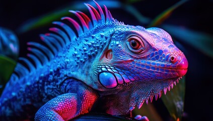 Fototapeta premium Vibrant Blue Iguana Portrait: A Stunning Close-Up of a Reptile in Neon Lighting