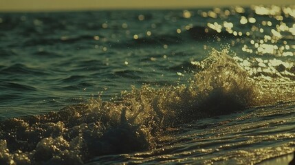 Ocean wave crashing shoreline sunset background