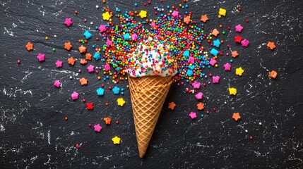 Colorful ice cream cone topped with vibrant sprinkles on a dark textured surface, perfect for dessert themes