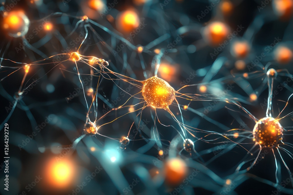 Poster expanding neural network with flickering links , vibrant circuits exchanging signals.
