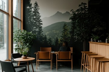 Fototapeta premium Relaxing at a wooden table in a cafe with trees and a mountain mural behind