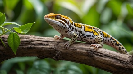 Obraz premium Jungle Serenity: Leopard Gecko Resting on Branch Amidst Vibrant Greenery