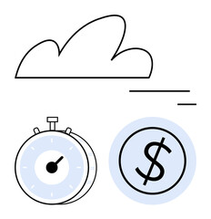 Minimal cloud design paired with stopwatch and dollar sign. Ideal for tech, time management, finance, storage, efficiency, fast services, and abstract line flat metaphor