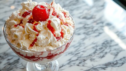 Delicious ice cream sundae topped with cherry and syrup on a marble table in a cozy setting