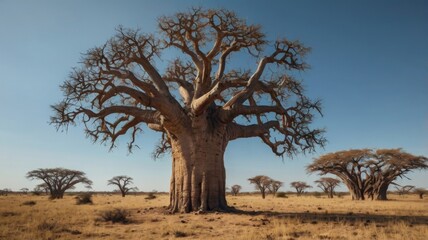 A majestic baobab tree stands tall in the African savanna. A symbol of resilience and longevity in a harsh landscape