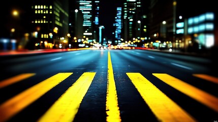 Fototapeta premium Night city street, crosswalk, traffic blur, skyscrapers, urban background, website banner