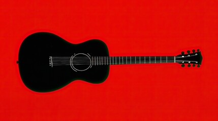 Black acoustic guitar positioned centrally on a vibrant red background, emphasizing its shape