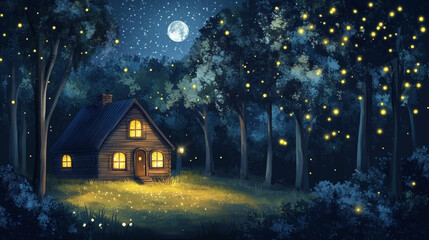 Fototapeta premium House in woods at night under moonlight. Cozy, calm house with light in windows stands among trees in dark nighttime. Cartoon vector forest landscape with fireflies and full moon, countryside cabin.