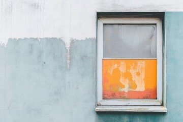 Weathered window on a partially painted concrete wall