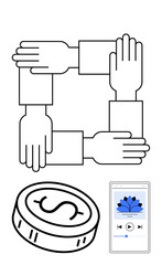 Fototapeta premium Four interconnected hands forming a square, a coin with a dollar sign, and a media player with artwork. Ideal for teamwork, unity, finance, business, multimedia, digital services and cooperation