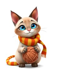 Fototapeta premium Adorable 3D Cartoon Kitten with Yarn Ball and Scarf, Cozy Winter Scene, Cute Pet Illustration