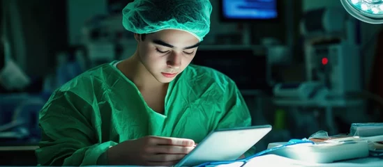 Surgeon reviewing digital records in dimly lit operating room © STwul
