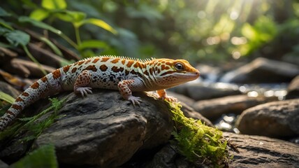 Fototapeta premium Serene Moment: Leopard Gecko Relaxing Near Stream in Sunlit Forest