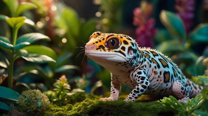 Fototapeta premium Enchanted Leopard Gecko in Magical Garden Surrounded by Glowing Plants