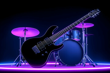 Obraz premium Electric guitar and drum kit set up with neon lights. Concept music performance generative AI