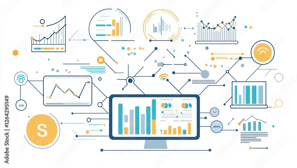 Poster expanding corporate data network displaying intelligent ai-driven business flows , digital optimizat