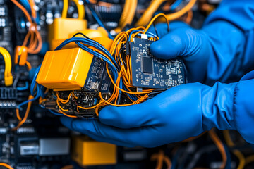 Electronics repair expert fixing circuits in server room, wires and panel in background generative AI