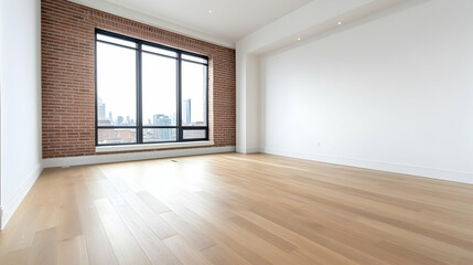 Empty apartment with brick wall and large windows. Interior design inspiration generative AI