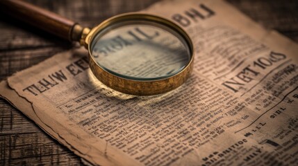 Magnifying glass on antique newspaper, wooden surface, history research