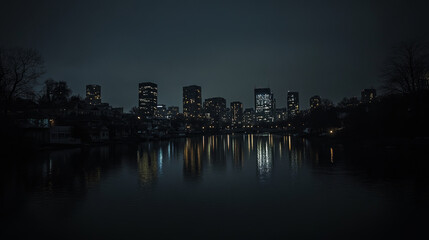 Fototapeta premium Blackout city, electricity outage at night. Skyline with skyscrapers and houses silhouettes on river or lake coast. Dark cityscape with blackout buildings, vector cartoon illustration