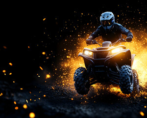 Person rides a quad in dark background with bright light effect for extreme sports generative AI