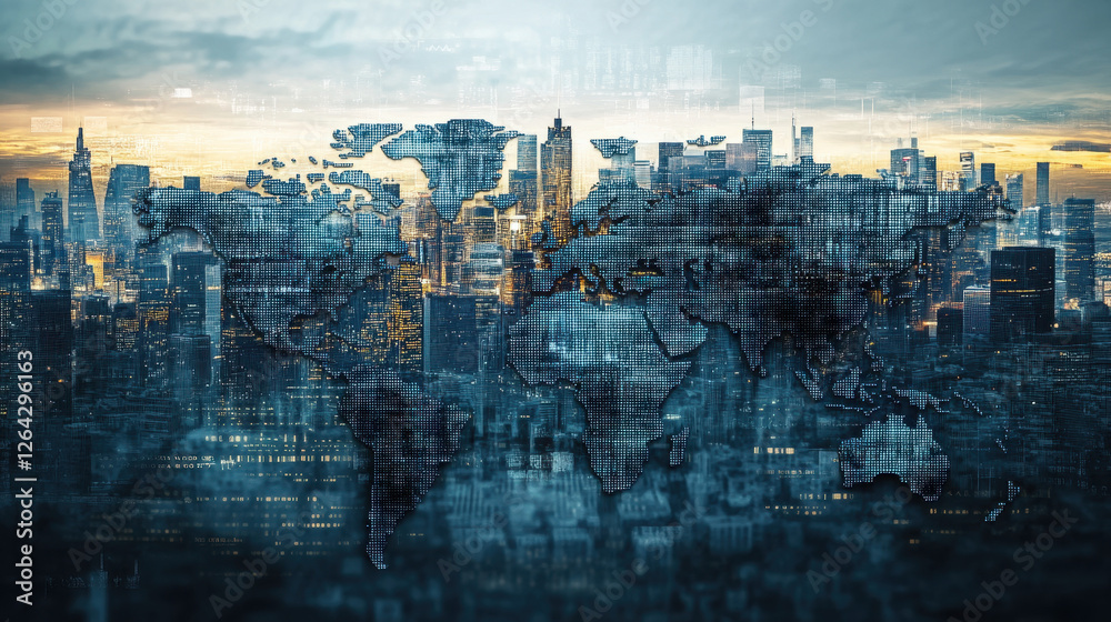 Wall mural digital world map made of binary code on a city background, global network concept