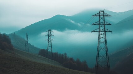 Obraz premium Misty mountain power lines landscape, energy transmission