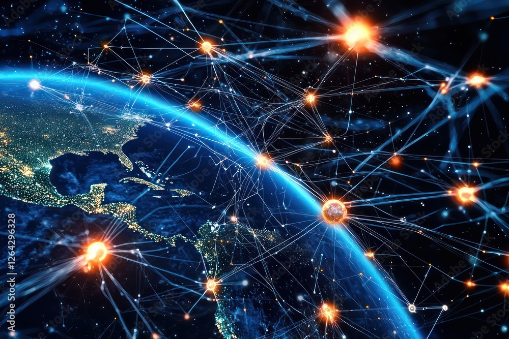 Poster connected neural infrastructure displaying planetary insights , futuristic data mapping.