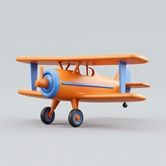 a model of an airplane with blue and orange colors on white background.