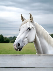 Obraz premium Portrait of a white horse looking over the fence, in a green meadow, for farm ad generative AI
