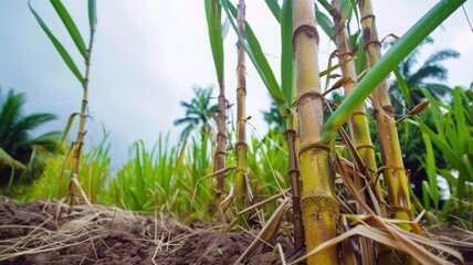 Obraz premium Dramatic Rainstorm Over Sugar Cane Fields Tropical Landscape Photography with Ground-Level Perspective