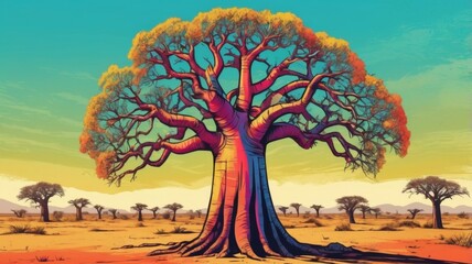 A majestic baobab tree stands tall in the African savanna. A symbol of resilience and longevity in a harsh landscape