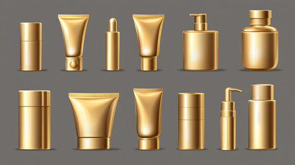 Gold cosmetic bottles mockup, golden cosmetics tubes for essence, cream or lotion, oil, shampoo beauty skin care product isolated on transparent background Realistic 3d vector illustration, icons set